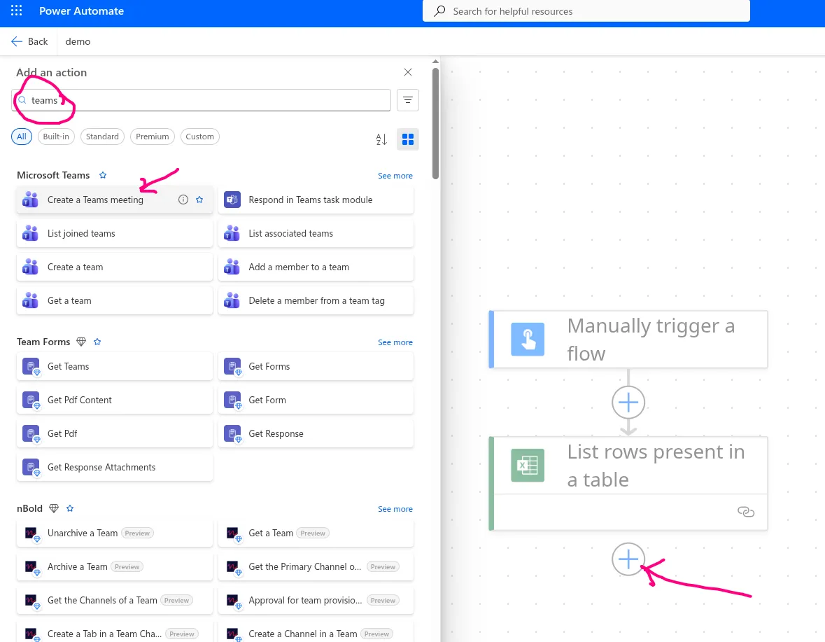 adding the create-a-teams-meeting action