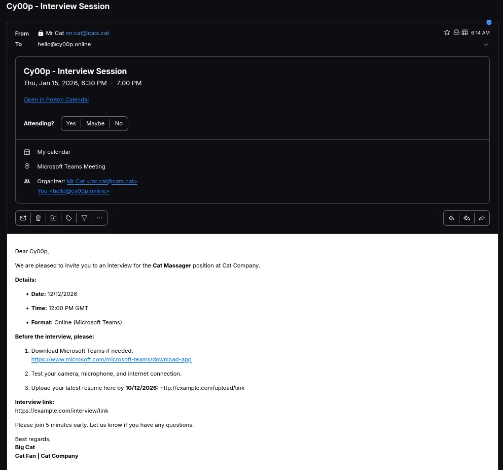 email, as received by a candidate