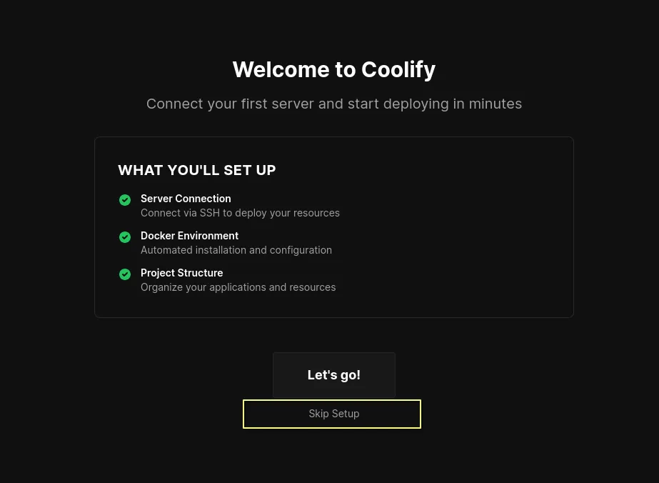 Skip setup and proceed to dashboard