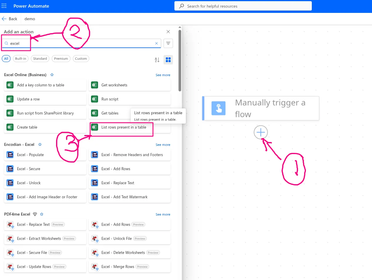 adding the list-rows-present-in-a-table action