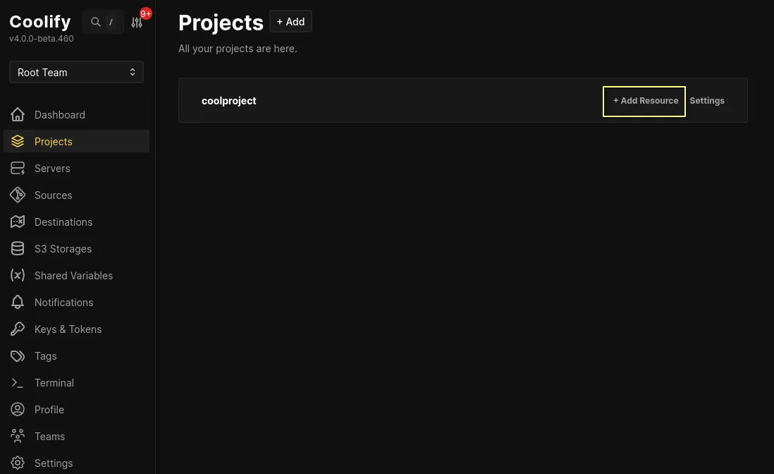 selecting the add resource option