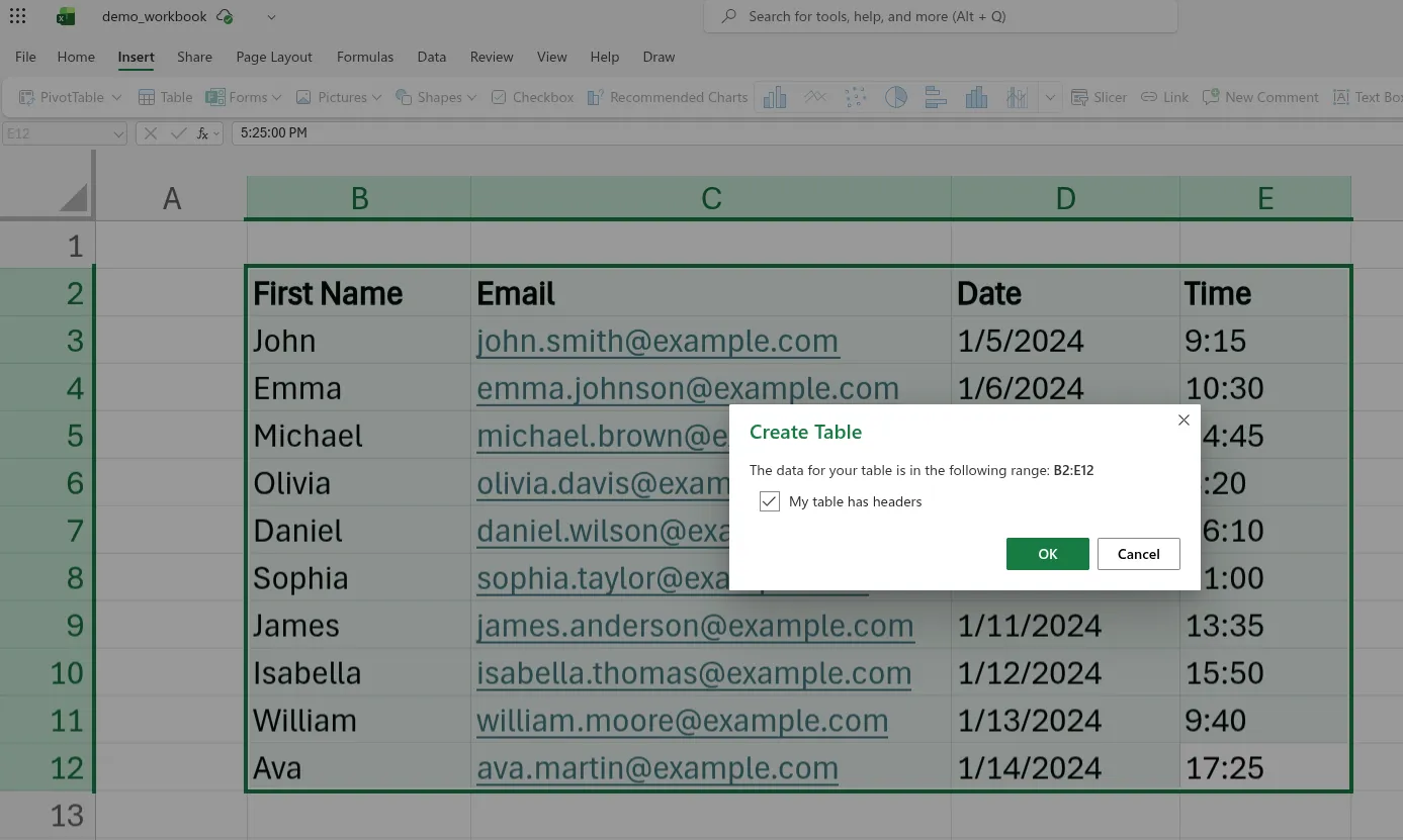 Creating a table in our workbook