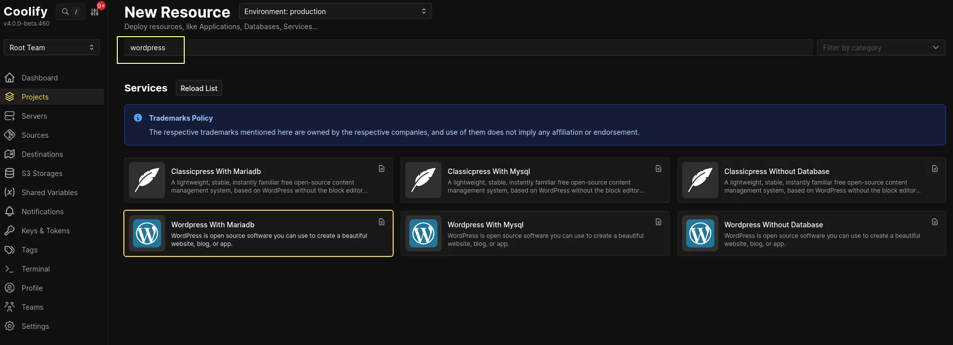 locating the wordpress with mariadb resource