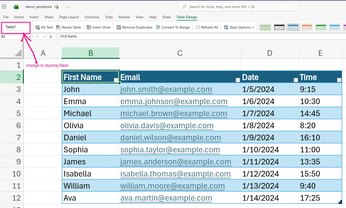 editing table name to dummyTable