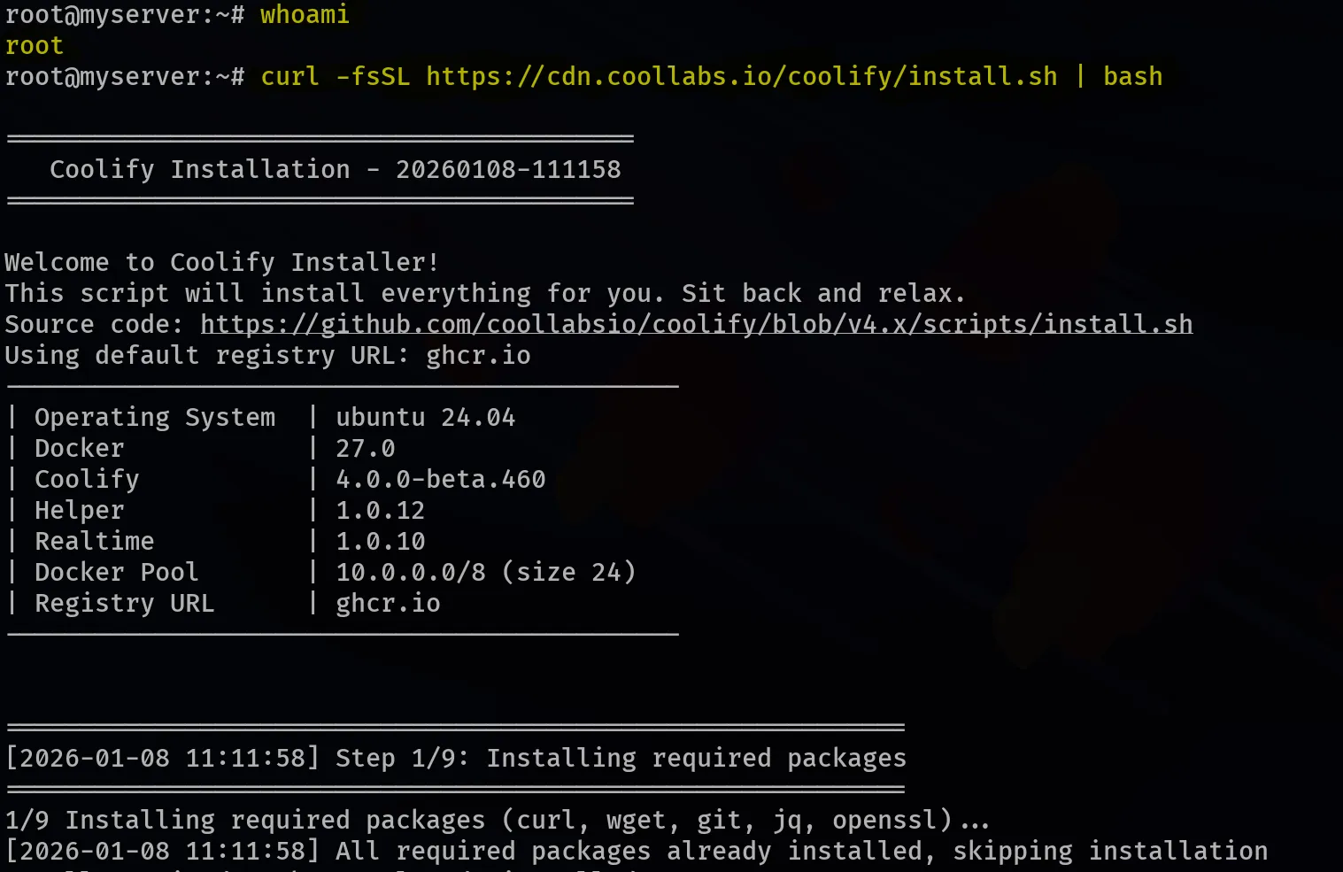 verifying the root user, and then starting installation